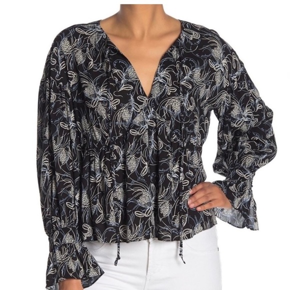 Cinq a Sept Floral Lyons Woven Top Blouse Black Blue Peplum Split Tie Neck - Picture 1 of 10